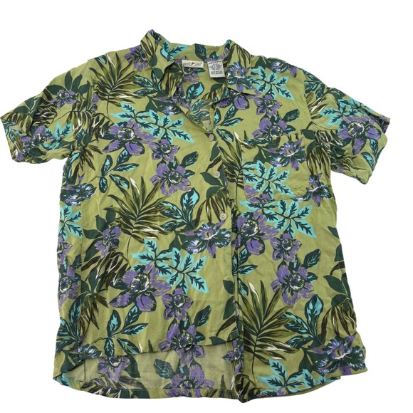 White Stag Tops - White Stag Womens Sweet‎ Pea Green Tropical Floral Rayon Button Up Shirt